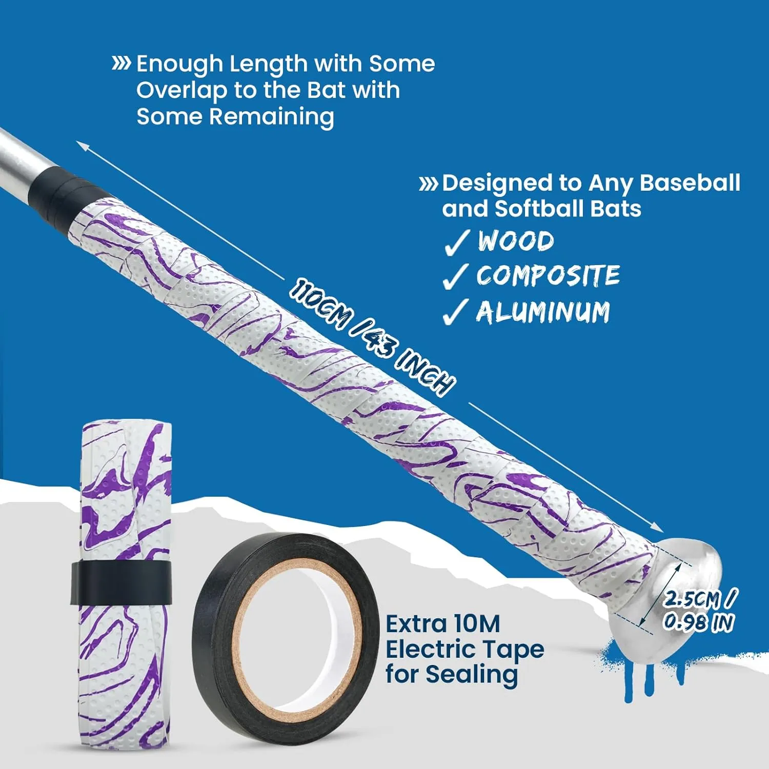1.8mm Bat Grip, Great-Tacky Bat Wrap, Non-Slip Dotted Baseball Bat Tape, 43'' Batting Grip for Baseball & Softball Bats, with 10M Black Electric Tape
