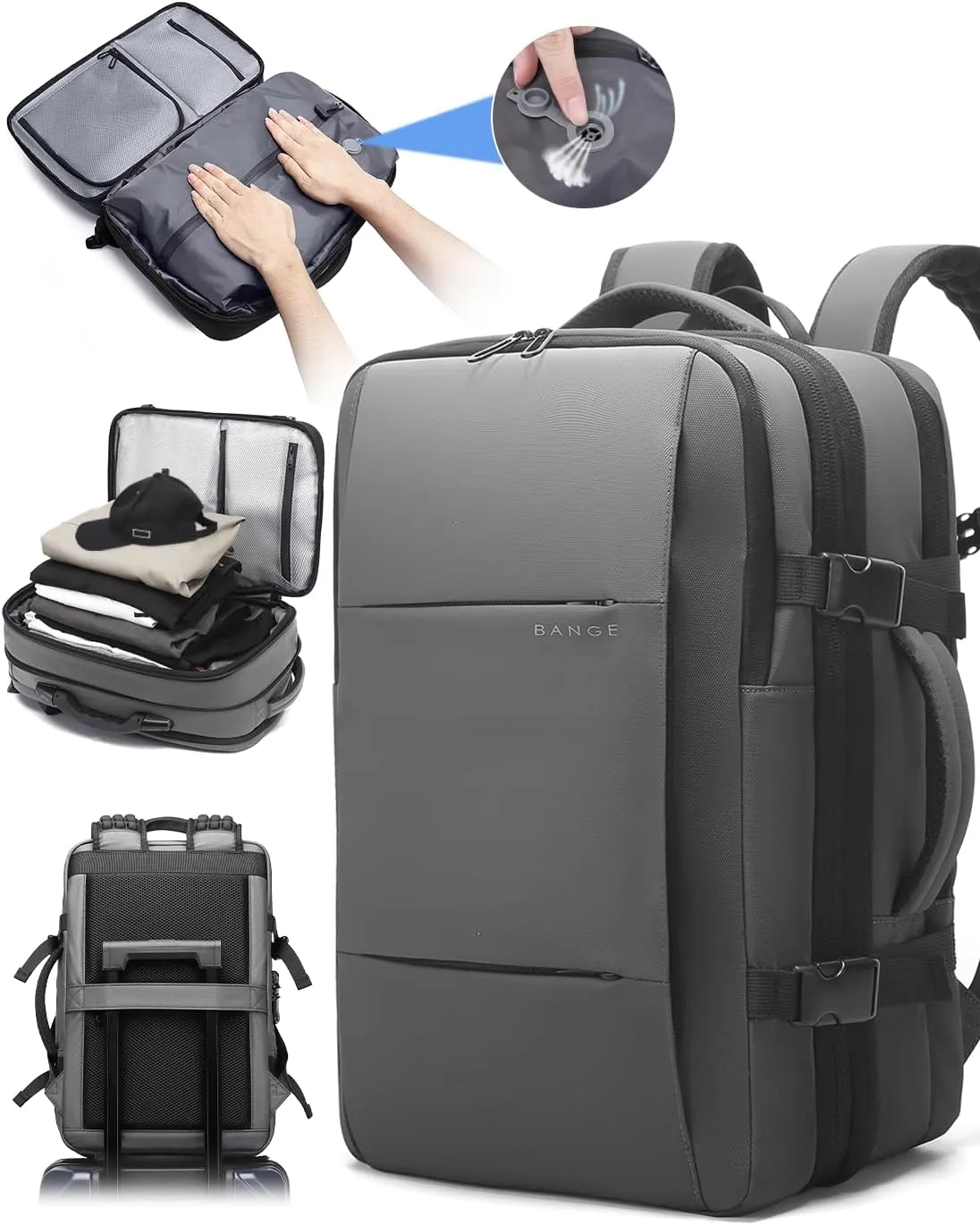 BANGE Airback Backpack with Anti-Theft Vacuum Compression Travel Backpack,Expandable Backpacks with Pump for Airplanes