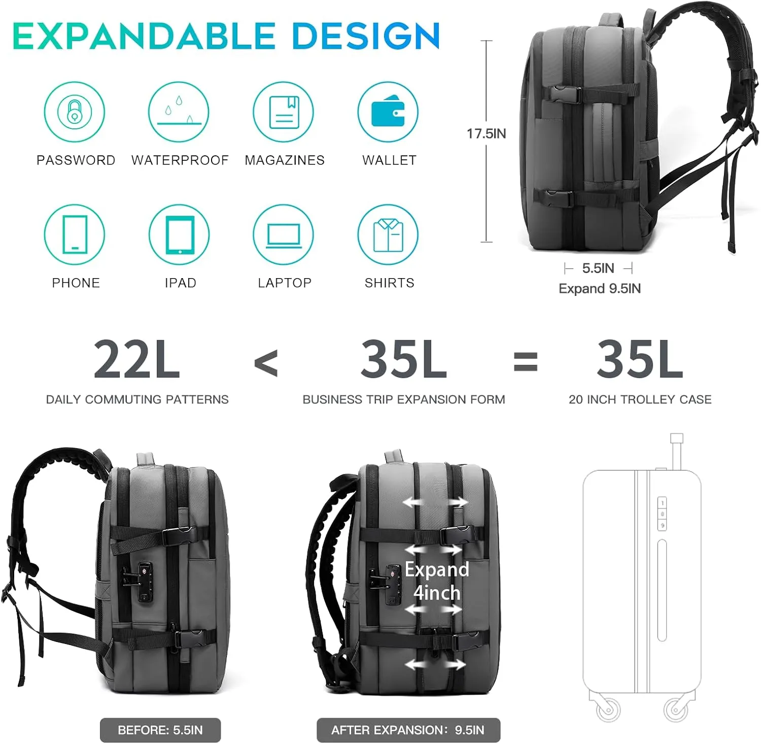 BANGE Airback Backpack with Anti-Theft Vacuum Compression Travel Backpack,Expandable Backpacks with Pump for Airplanes