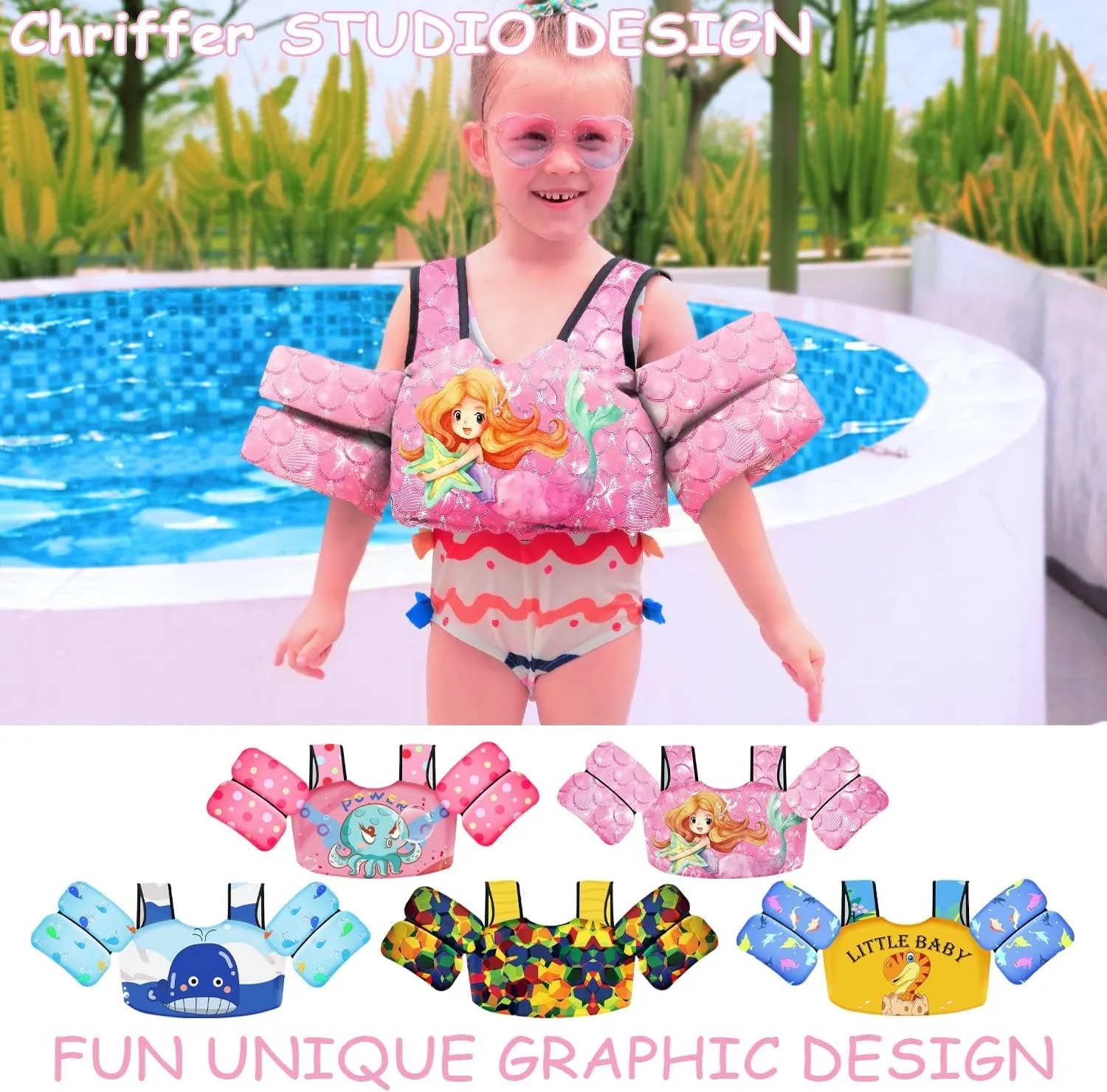 Chriffer Kids Swim Vest Life Jacket for 30-55 Pounds Boys and Girls, Toddler Floaties with Shoulder Harness Arm Wings for 2,3,4,5,6,7 Years Old Baby