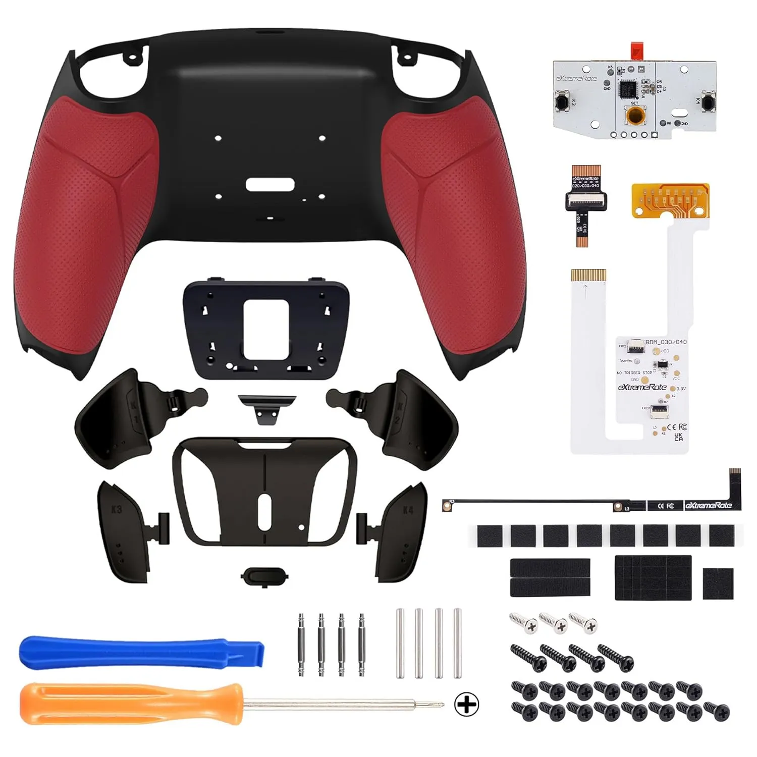 eXtremeRate Real Metal Buttons RMB RISE4 V3 Remap Kit for PS5 Controller BDM-030 040 050, Redesigned Red Rubberized Grip Black Bottom Shell Upgrade Board 4 Back Paddles Attachment for PS5 Controller