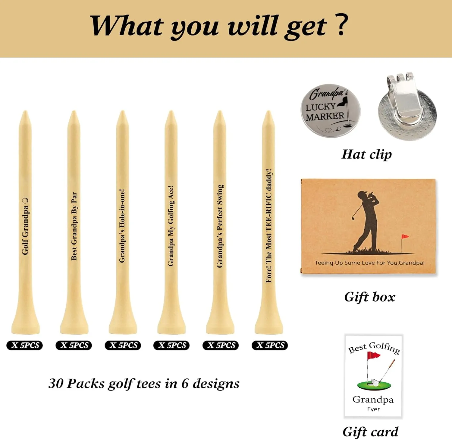 Father 's Day Gifts from Daughter Wife Son - 30PCS 3-1/4 inch Wood Golf Tees Plus Hat Clip Golf Gifts for Men,Husband,Dad (Grandpa)