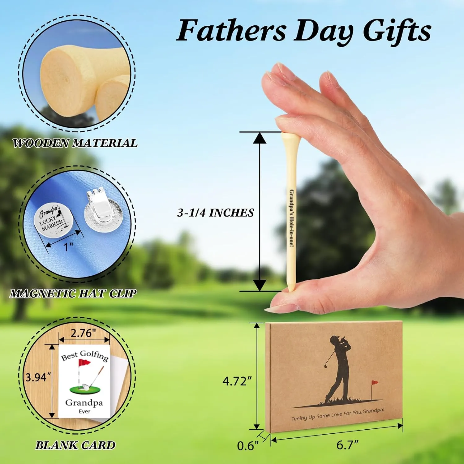 Father 's Day Gifts from Daughter Wife Son - 30PCS 3-1/4 inch Wood Golf Tees Plus Hat Clip Golf Gifts for Men,Husband,Dad (Grandpa)