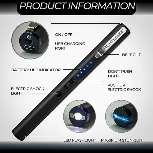 FIGHTSENSE Pen Stun Gun for Self Defense Battery Life Indicator, Belt Clip, Pen Flashlight stun Gun for Women self Defense