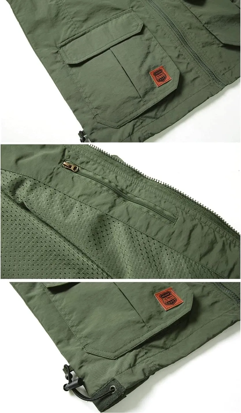 Gnveub Mens Fishing Vest Outdoor Work Quick-Dry Hunting Zip Reversible Travel Vest Jacket with Multi Pockets