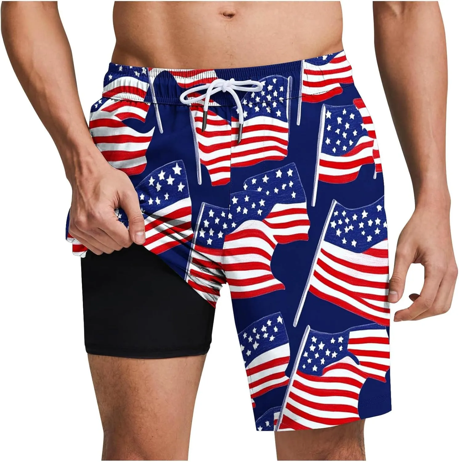 Mens American Flag Swim Trunks with Compression Liner and Pockets USA 4th of July Patriotic 2 in 1 Beach Board Shorts