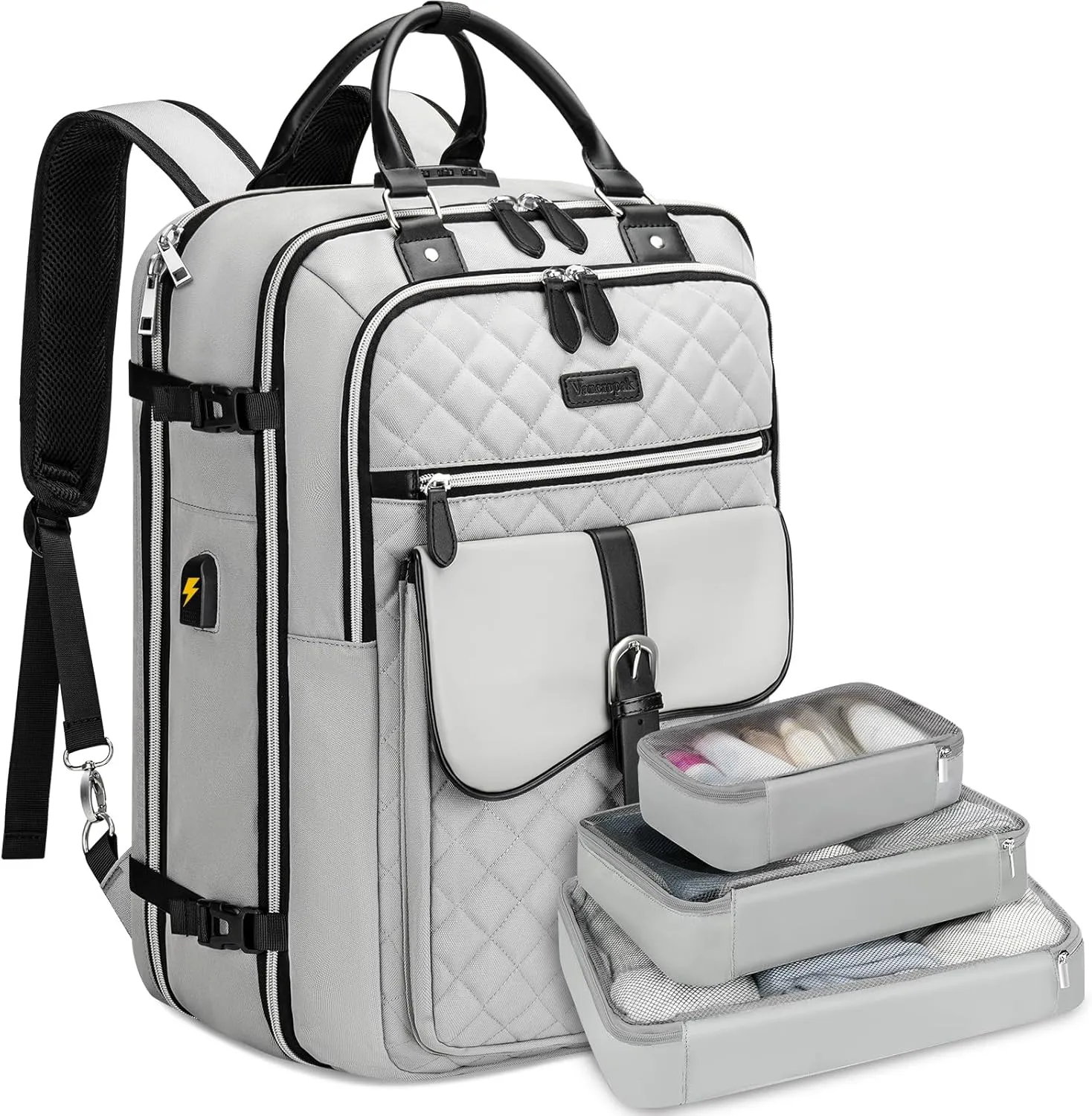 Vancropak Travel Backpack for Women, Extra Large 50L Laptop Carry on Backpacks Fits 17 inch Computer with Lock & USB Charging Port, TSA Anti Theft Flight Approved Duffel Bag with 3 Packing Cubes, Grey