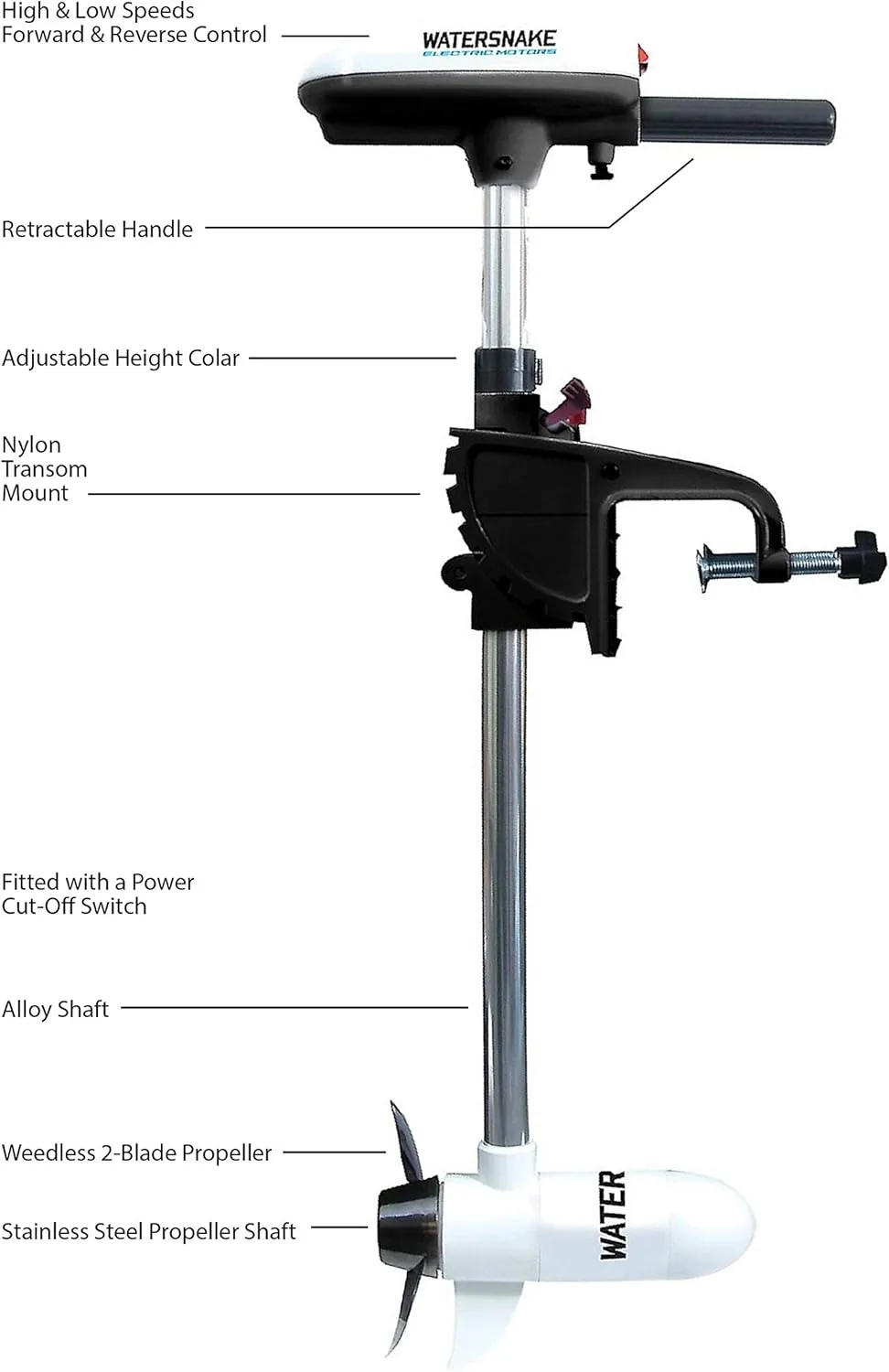 Watersnake T18 ASP - 18 Pound Thrust 12v Electric Saltwater Trolling Motor with Transom Mount
