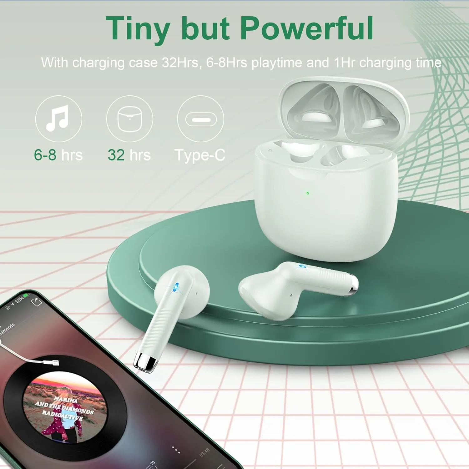 Wireless Earbuds, Bluetooth 5.3 Earbuds Stereo Bass, Bluetooth Headphones in Ear with Noise Cancelling Mic, Earphones IP7 Waterproof Sports, 32H Playtime USB C Charging Green Ear Buds for Android iOS