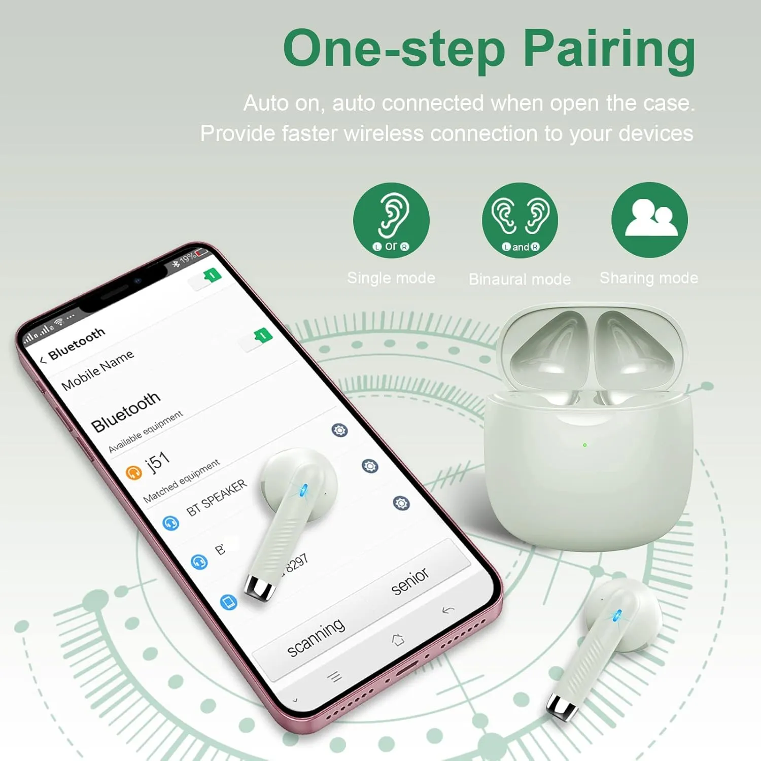 Wireless Earbuds, Bluetooth 5.3 Earbuds Stereo Bass, Bluetooth Headphones in Ear with Noise Cancelling Mic, Earphones IP7 Waterproof Sports, 32H Playtime USB C Charging Green Ear Buds for Android iOS