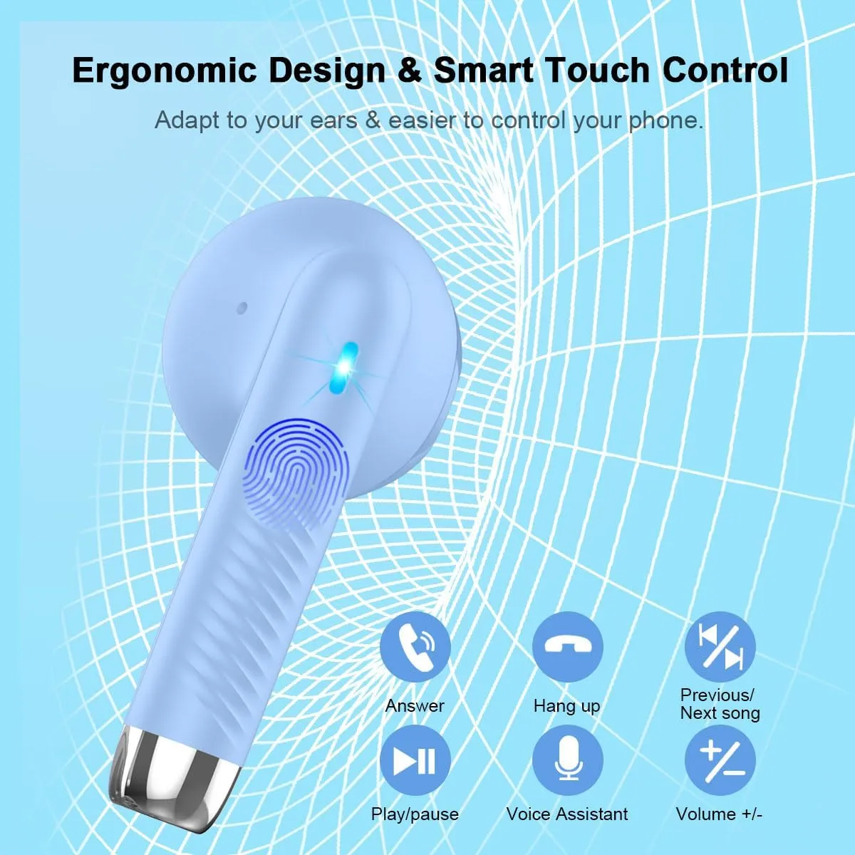 Wireless Earbuds, Bluetooth 5.3 Headphones in Ear with Noise Cancelling Mic, Bluetooth Earbuds Stereo Bass, IP7 Waterproof Sports Earphones, 32H Playtime USB C Charging Buds Light Blue for Android iOS