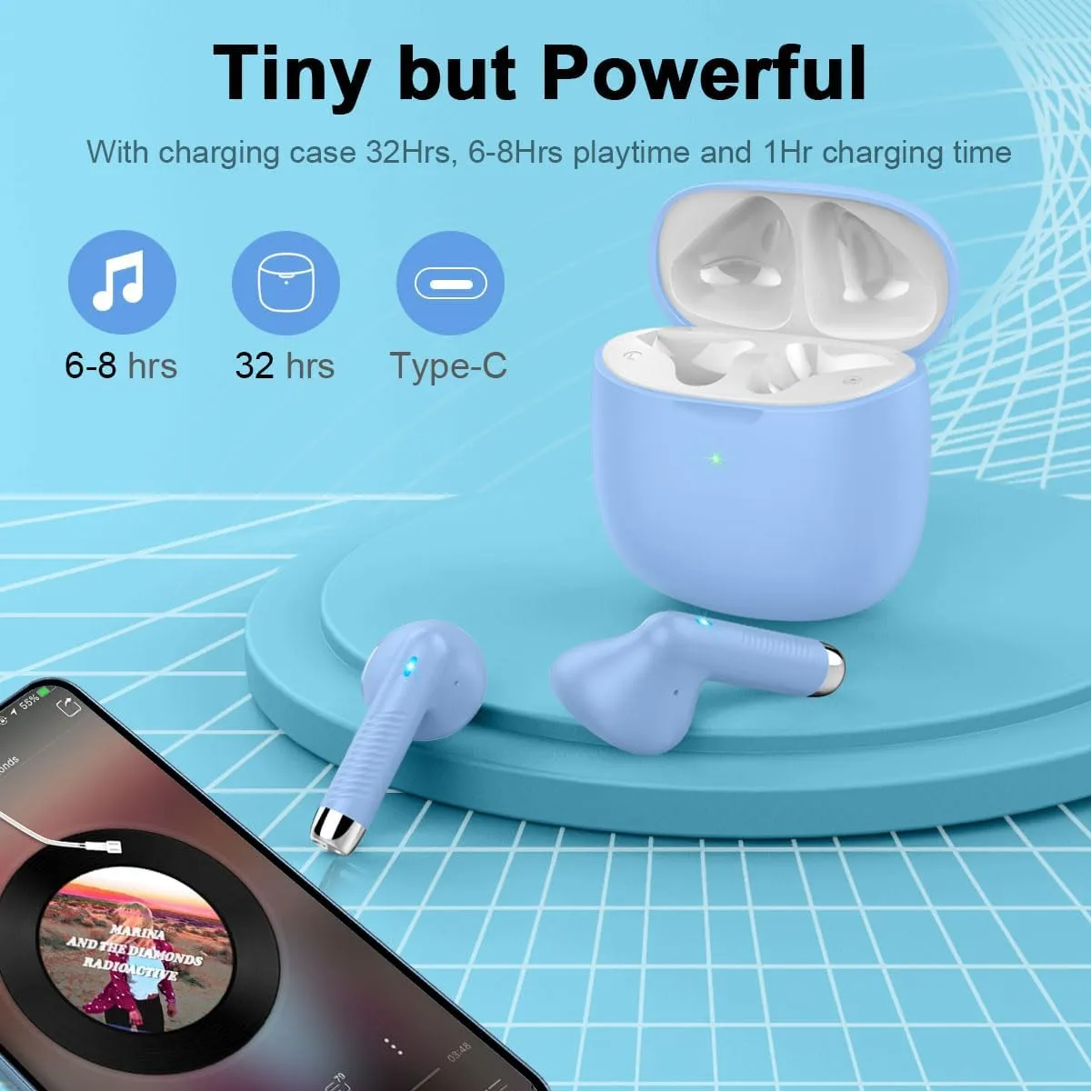 Wireless Earbuds, Bluetooth 5.3 Headphones in Ear with Noise Cancelling Mic, Bluetooth Earbuds Stereo Bass, IP7 Waterproof Sports Earphones, 32H Playtime USB C Charging Buds Light Blue for Android iOS